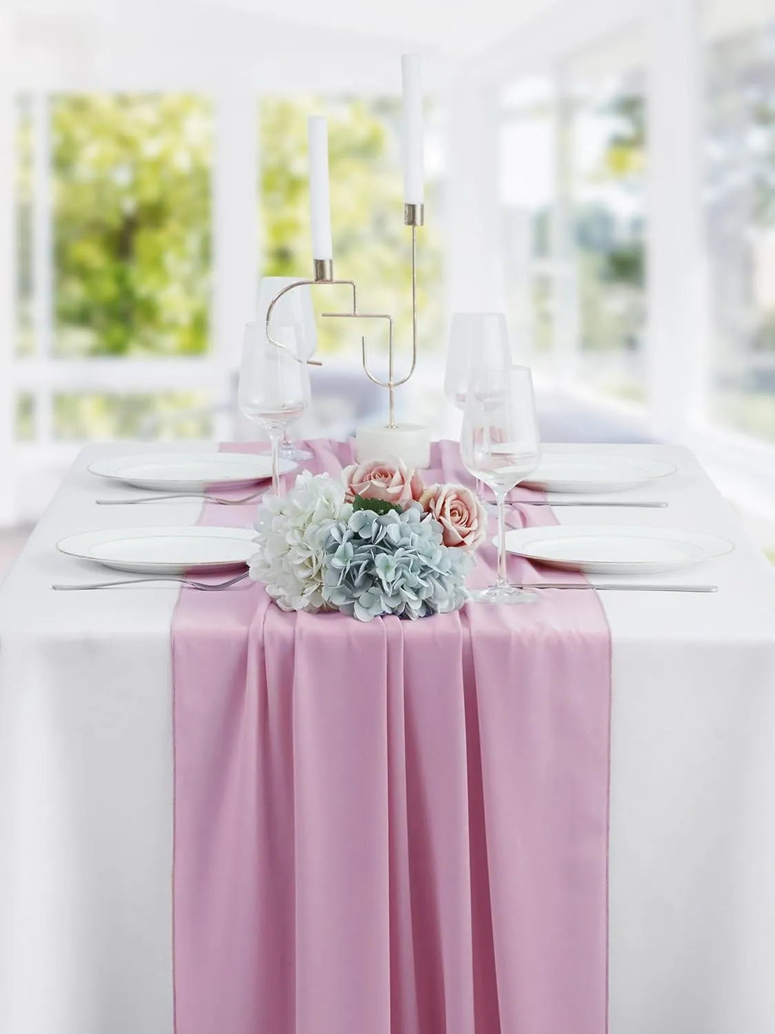 29x120 Inches 10 Pack Dusty Pink Chiffon Table Runner 10Ft Sheer Wedding Table Runner Romantic Tulle Table Runner for Rustic Wedding Decor Birthday Party Bridal Baby Shower Table Decoration