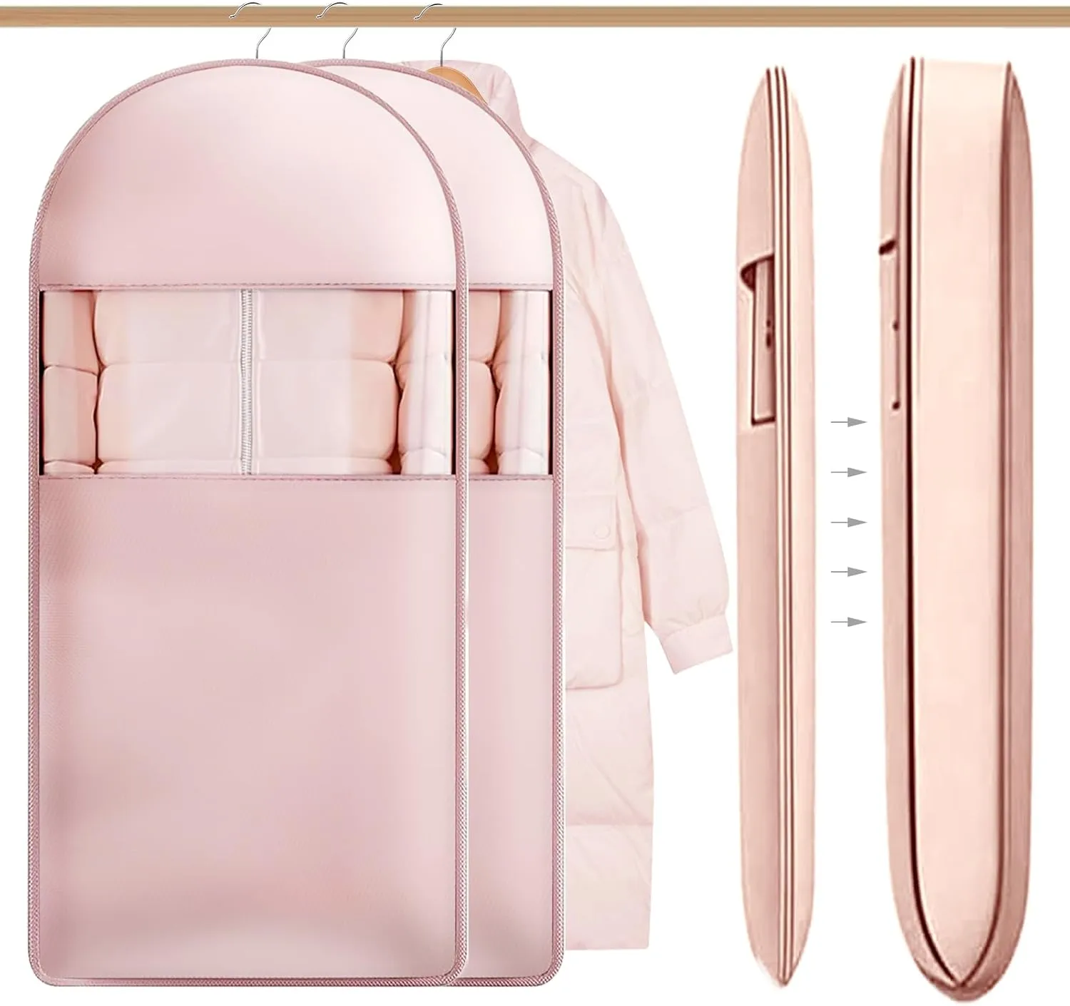 2Pcs Space Saving Hanging Garment Bag with Self Compression Zipper, Dustproof Clothes Storage Cover with Clear Window for Down Coats, Suits, Jackets, Closet Organizer (Pink, 52"x23"x6")