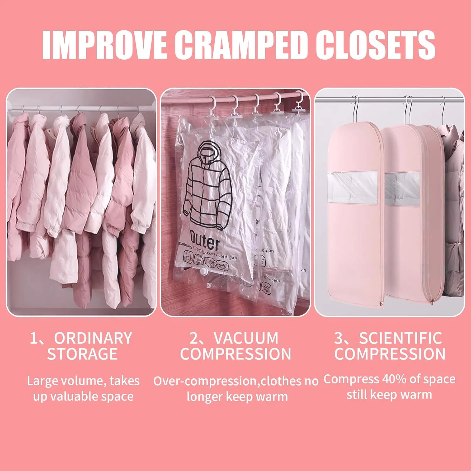 2Pcs Space Saving Hanging Garment Bag with Self Compression Zipper, Dustproof Clothes Storage Cover with Clear Window for Down Coats, Suits, Jackets, Closet Organizer (Pink, 52"x23"x6")