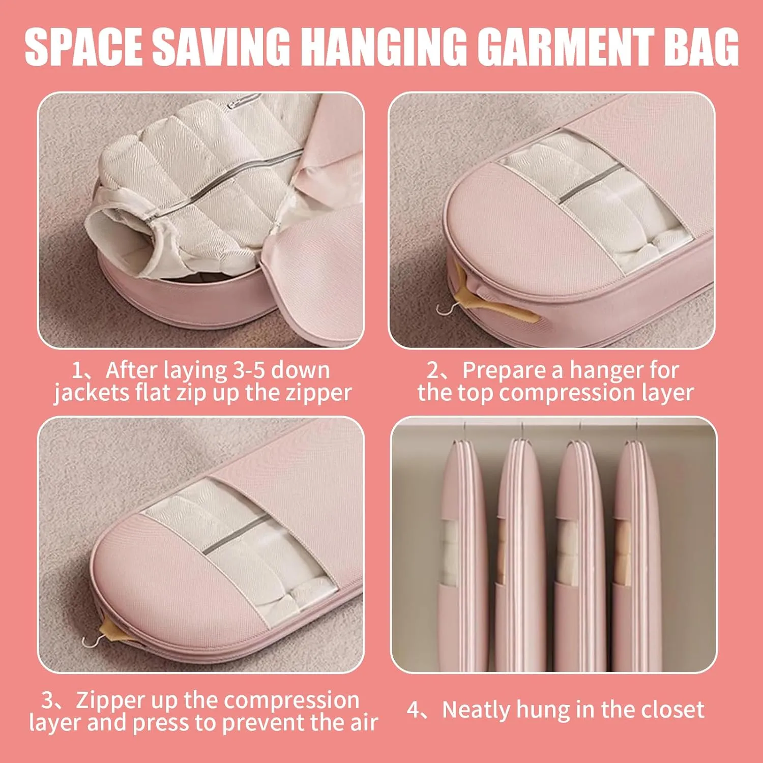 2Pcs Space Saving Hanging Garment Bag with Self Compression Zipper, Dustproof Clothes Storage Cover with Clear Window for Down Coats, Suits, Jackets, Closet Organizer (Pink, 52"x23"x6")