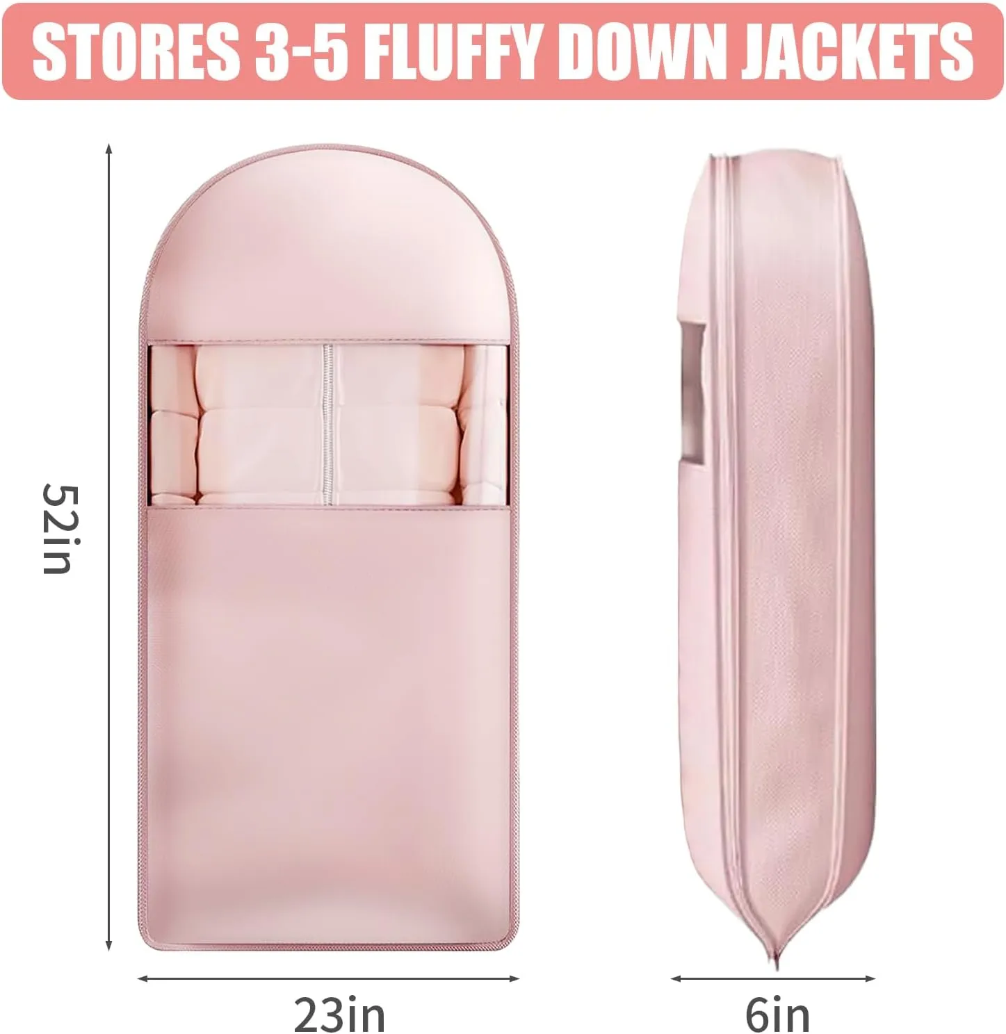 2Pcs Space Saving Hanging Garment Bag with Self Compression Zipper, Dustproof Clothes Storage Cover with Clear Window for Down Coats, Suits, Jackets, Closet Organizer (Pink, 52"x23"x6")