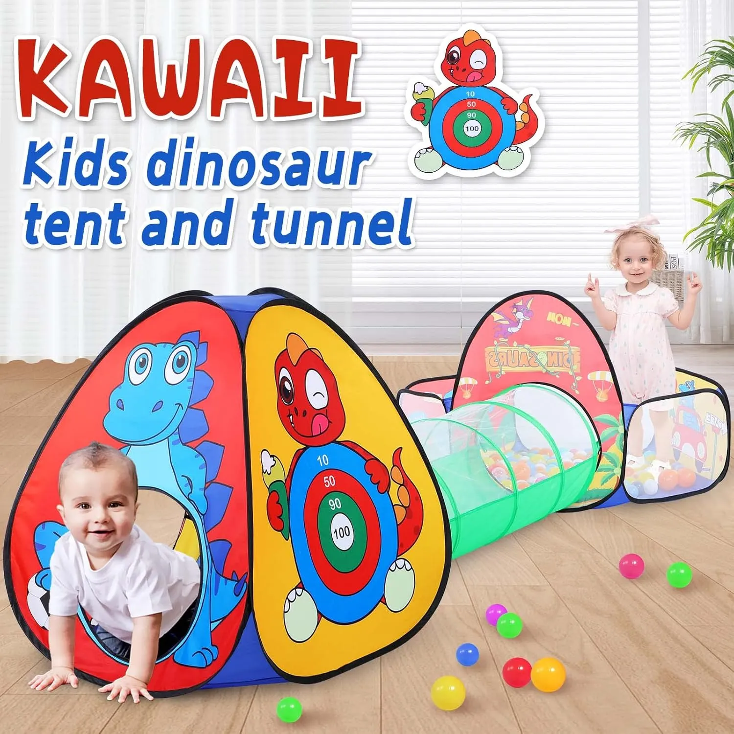 3 in 1 Kids Play Tent with Play Tunnel, Ball Pit, Basketball Hoop for Boys & Girls, Toddler Pop Up Playhouse Toy for Baby Indoor/Outdoor, Gift for Year Old Child (Dinosaur 3pc Play Tent)