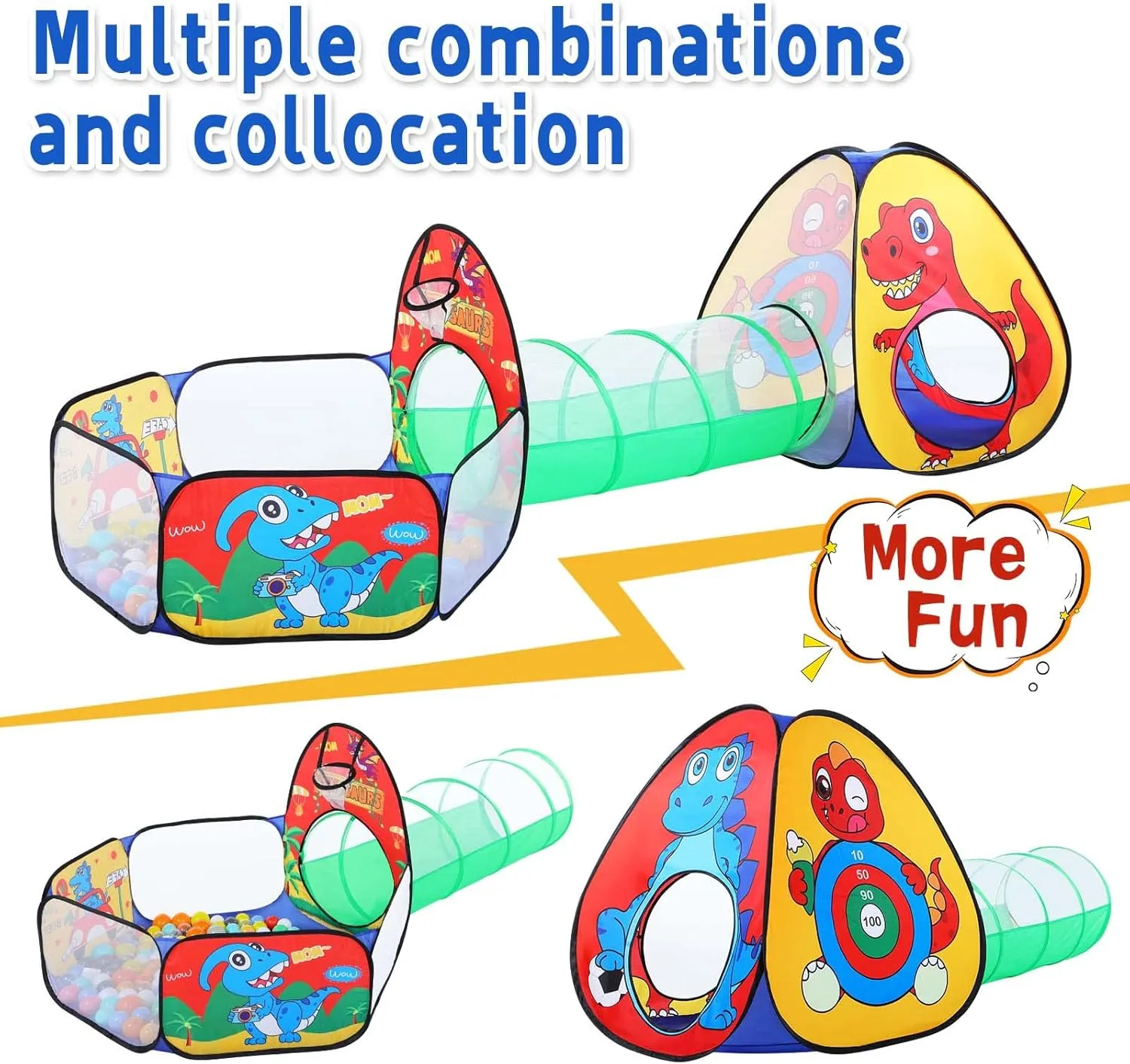 3 in 1 Kids Play Tent with Play Tunnel, Ball Pit, Basketball Hoop for Boys & Girls, Toddler Pop Up Playhouse Toy for Baby Indoor/Outdoor, Gift for Year Old Child (Dinosaur 3pc Play Tent)