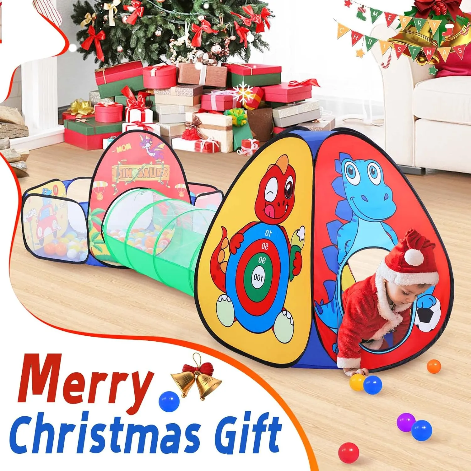 3 in 1 Kids Play Tent with Play Tunnel, Ball Pit, Basketball Hoop for Boys & Girls, Toddler Pop Up Playhouse Toy for Baby Indoor/Outdoor, Gift for Year Old Child (Dinosaur 3pc Play Tent)