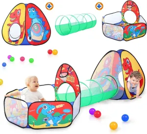 3 in 1 Kids Play Tent with Play Tunnel, Ball Pit, Basketball Hoop for Boys & Girls, Toddler Pop Up Playhouse Toy for Baby Indoor/Outdoor, Gift for Year Old Child (Dinosaur 3pc Play Tent)