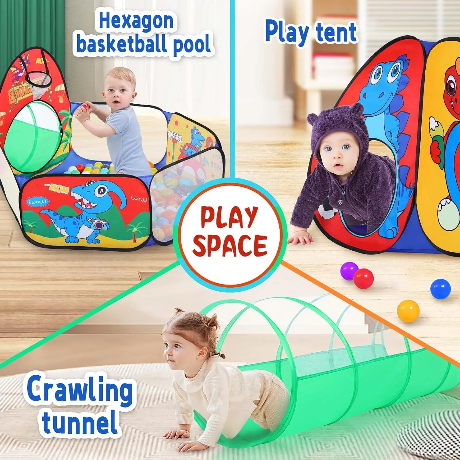 3 in 1 Kids Play Tent with Play Tunnel, Ball Pit, Basketball Hoop for Boys & Girls, Toddler Pop Up Playhouse Toy for Baby Indoor/Outdoor, Gift for Year Old Child (Dinosaur 3pc Play Tent)
