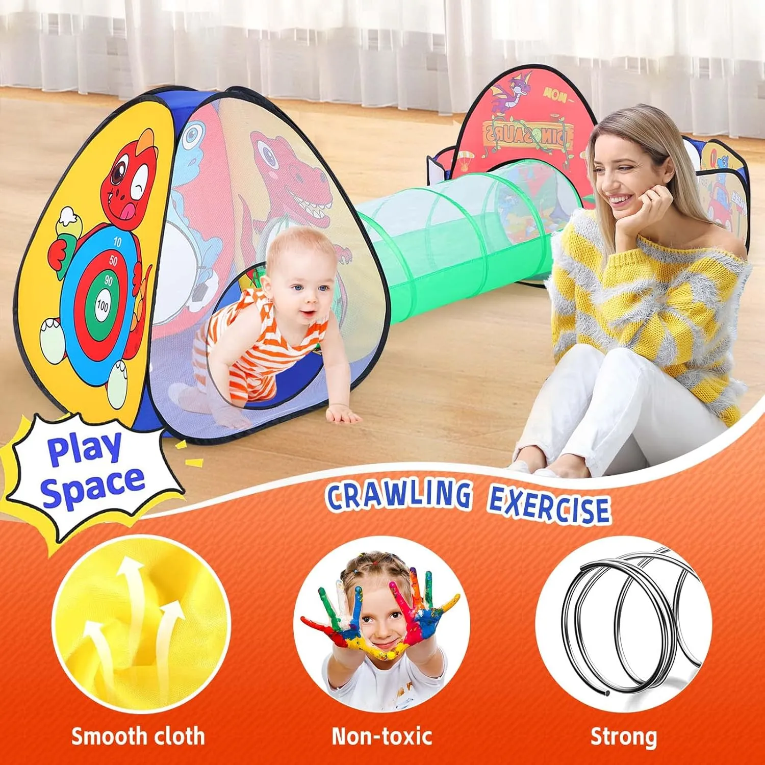 3 in 1 Kids Play Tent with Play Tunnel, Ball Pit, Basketball Hoop for Boys & Girls, Toddler Pop Up Playhouse Toy for Baby Indoor/Outdoor, Gift for Year Old Child (Dinosaur 3pc Play Tent)