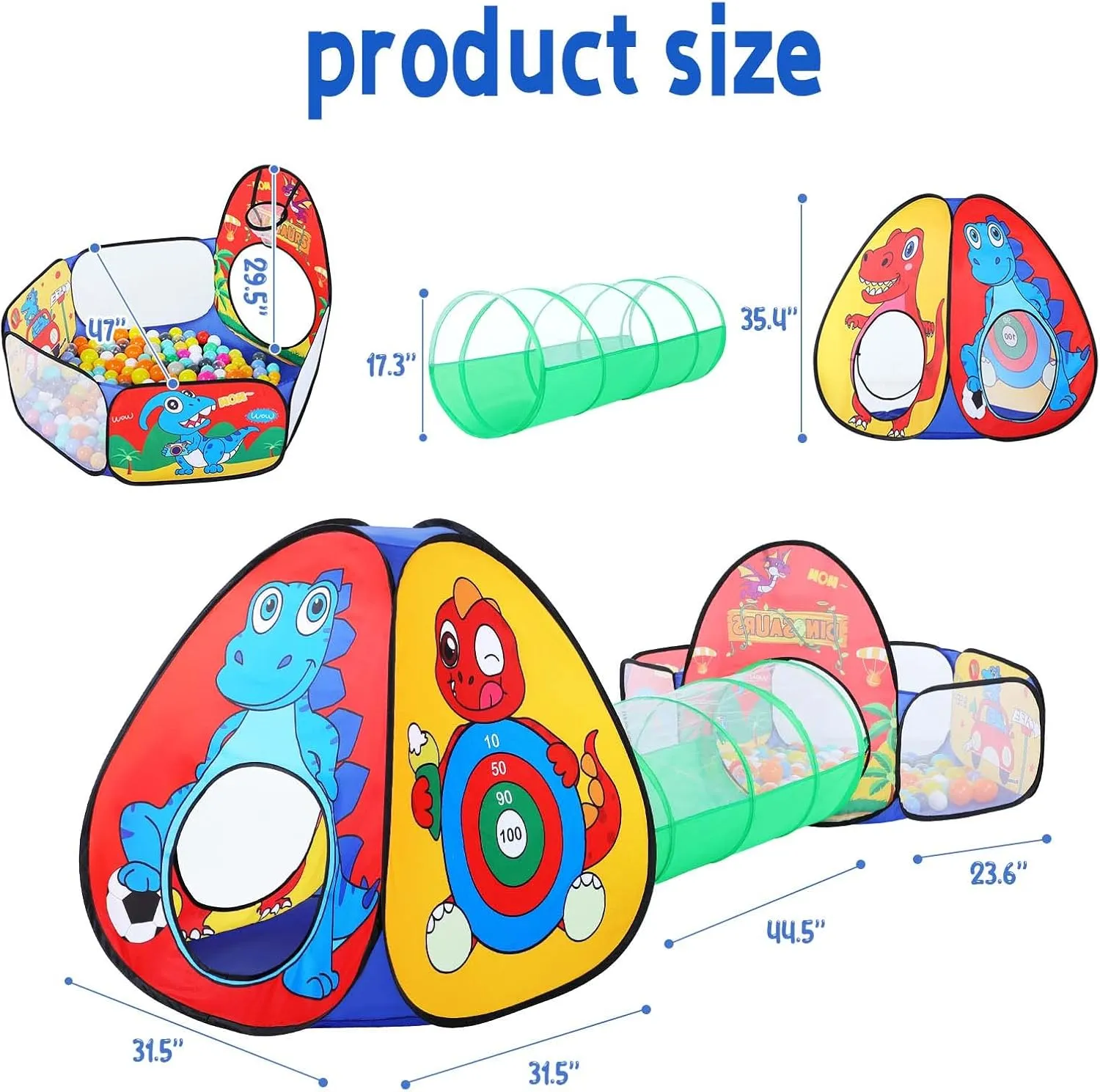 3 in 1 Kids Play Tent with Play Tunnel, Ball Pit, Basketball Hoop for Boys & Girls, Toddler Pop Up Playhouse Toy for Baby Indoor/Outdoor, Gift for Year Old Child (Dinosaur 3pc Play Tent)