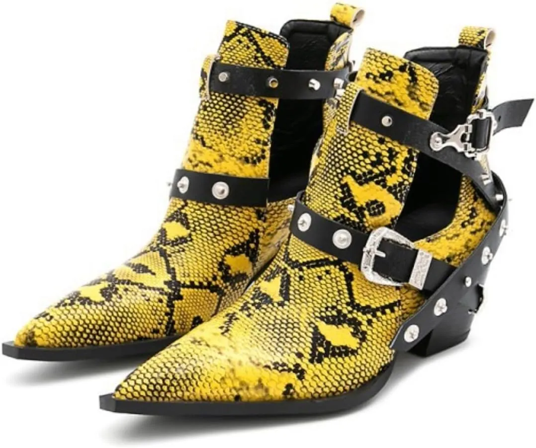 Aflngle Women's Chunky Heel Block Snakeskin Printed Ankle Boots Pointed Closed Toe Cutout Low Heel Slip on Chelsea Short Boots Rivet Western Cowboy Boots