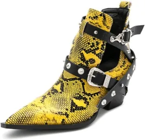 Aflngle Women's Chunky Heel Block Snakeskin Printed Ankle Boots Pointed Closed Toe Cutout Low Heel Slip on Chelsea Short Boots Rivet Western Cowboy Boots