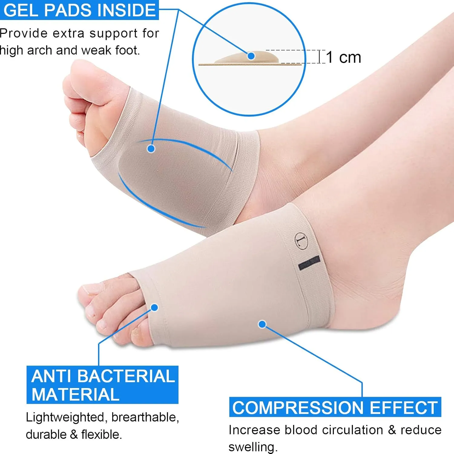 Ailaka 2 Pairs Compression Arch Support Sleeves, Cushioned Arch Support Braces Gel Pads for Flat Foot Pain Relief Plantar Fasciitis Heel Spurs