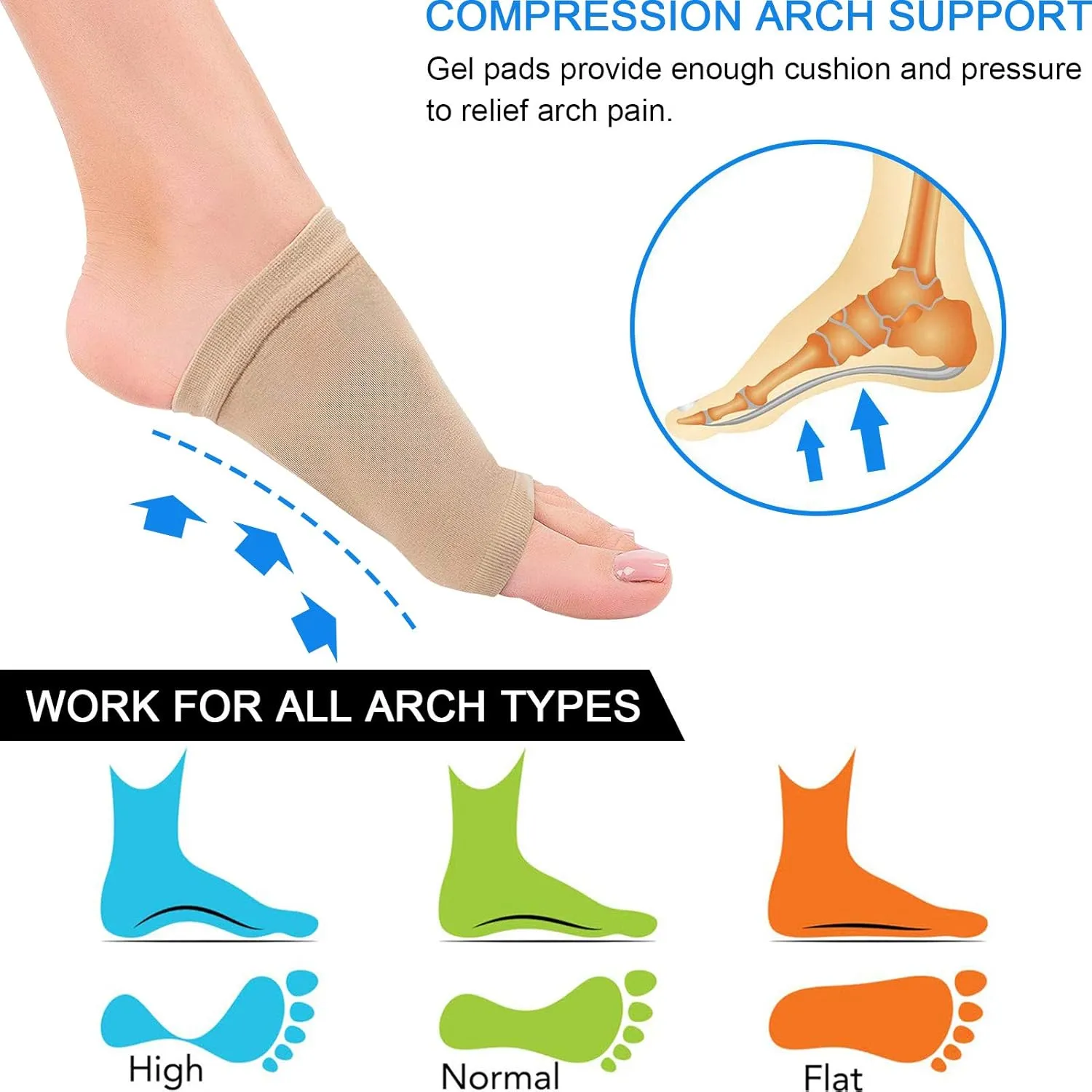 Ailaka 2 Pairs Compression Arch Support Sleeves, Cushioned Arch Support Braces Gel Pads for Flat Foot Pain Relief Plantar Fasciitis Heel Spurs