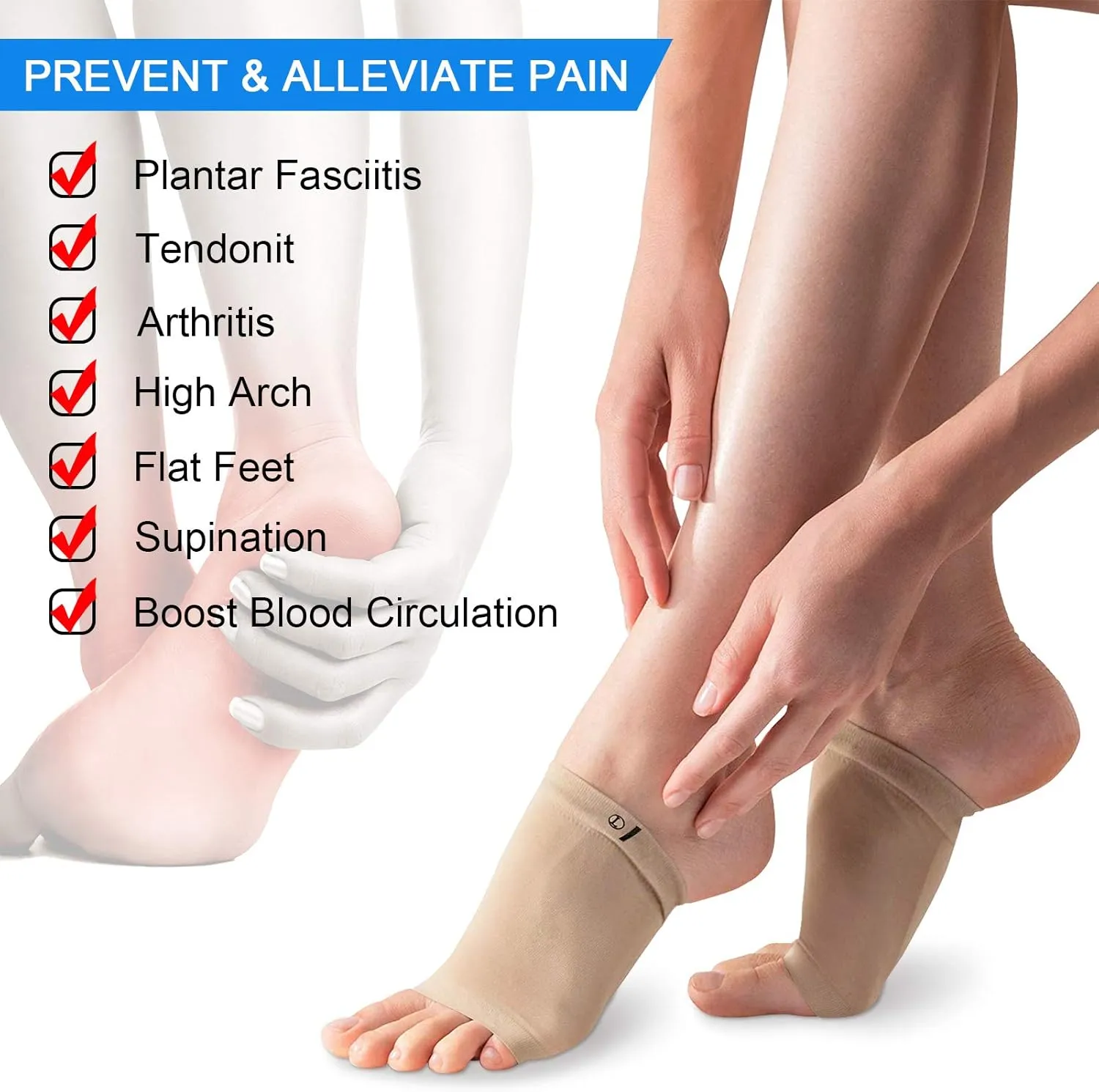 Ailaka 2 Pairs Compression Arch Support Sleeves, Cushioned Arch Support Braces Gel Pads for Flat Foot Pain Relief Plantar Fasciitis Heel Spurs