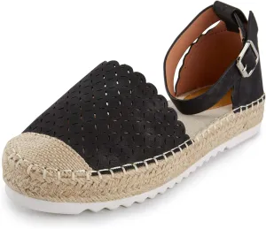 Alexis Leroy Women's Closed Toe Hollow Out Vamp Ankle Strap Platform Espadrille Sandals