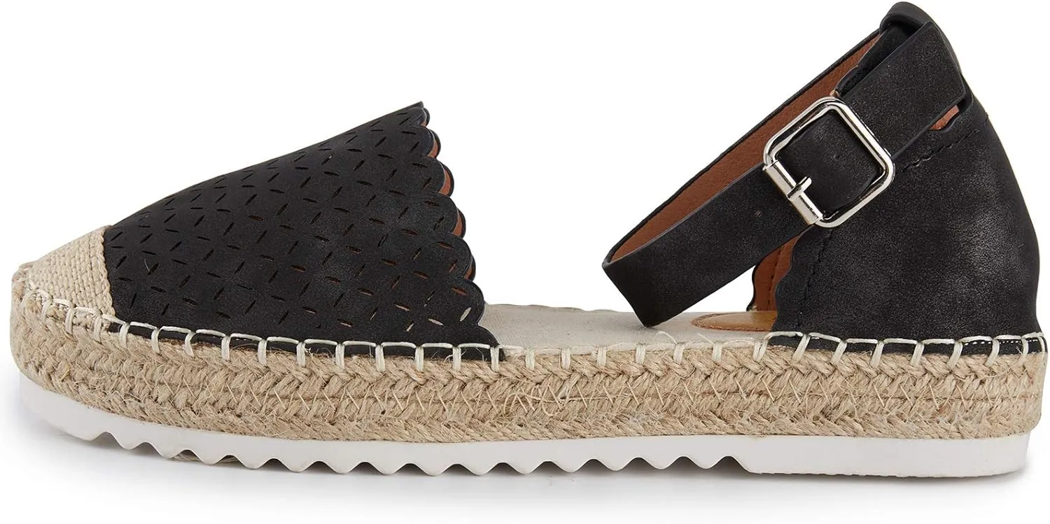 Alexis Leroy Women's Closed Toe Hollow Out Vamp Ankle Strap Platform Espadrille Sandals