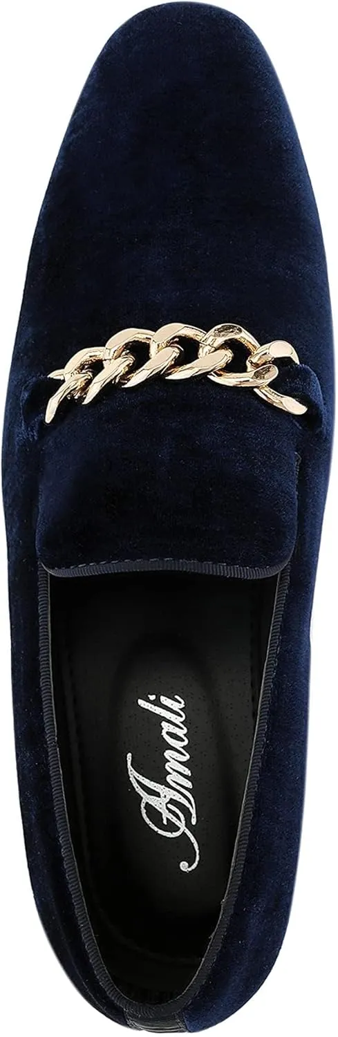 Amali Fay Velvet Men’s Slip-On Shoes with Gold Chain Ornament Dress Shoes for Men Velvet Formal Loafers for Men The Original Smoking Men Tuxedo Dress Shoes