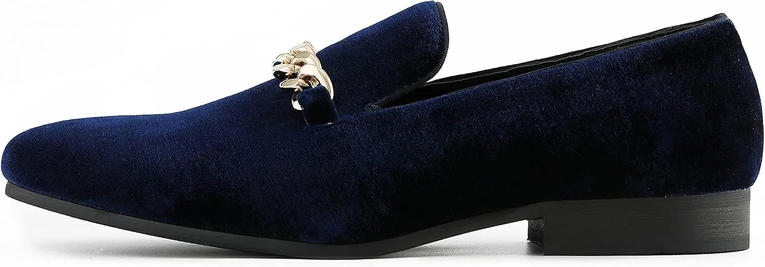 Amali Fay Velvet Men’s Slip-On Shoes with Gold Chain Ornament Dress Shoes for Men Velvet Formal Loafers for Men The Original Smoking Men Tuxedo Dress Shoes