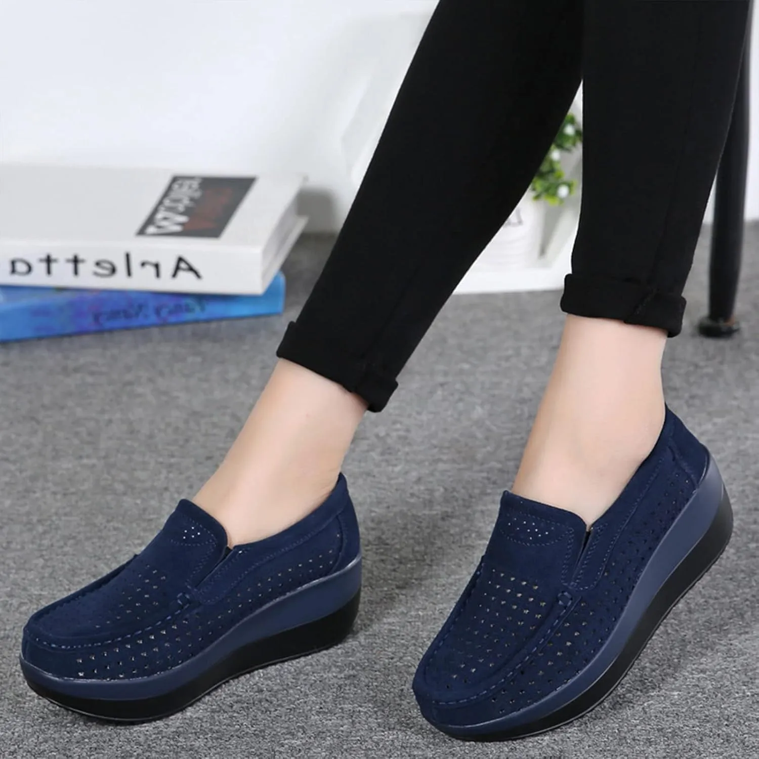 AngryMonkey Women's Fashion Platform Sneakers High Hidden Heel Wedge Moccasin Slip-on Casual Low Top Non-Slip Walking Shoes
