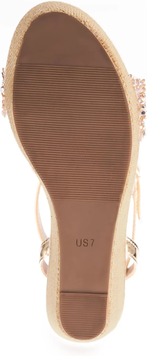 Ankle Strap Espadrille Platform Wedge Sandals for Women, Open Toe Wedge Heels for Women Dressy, Black/Gold
