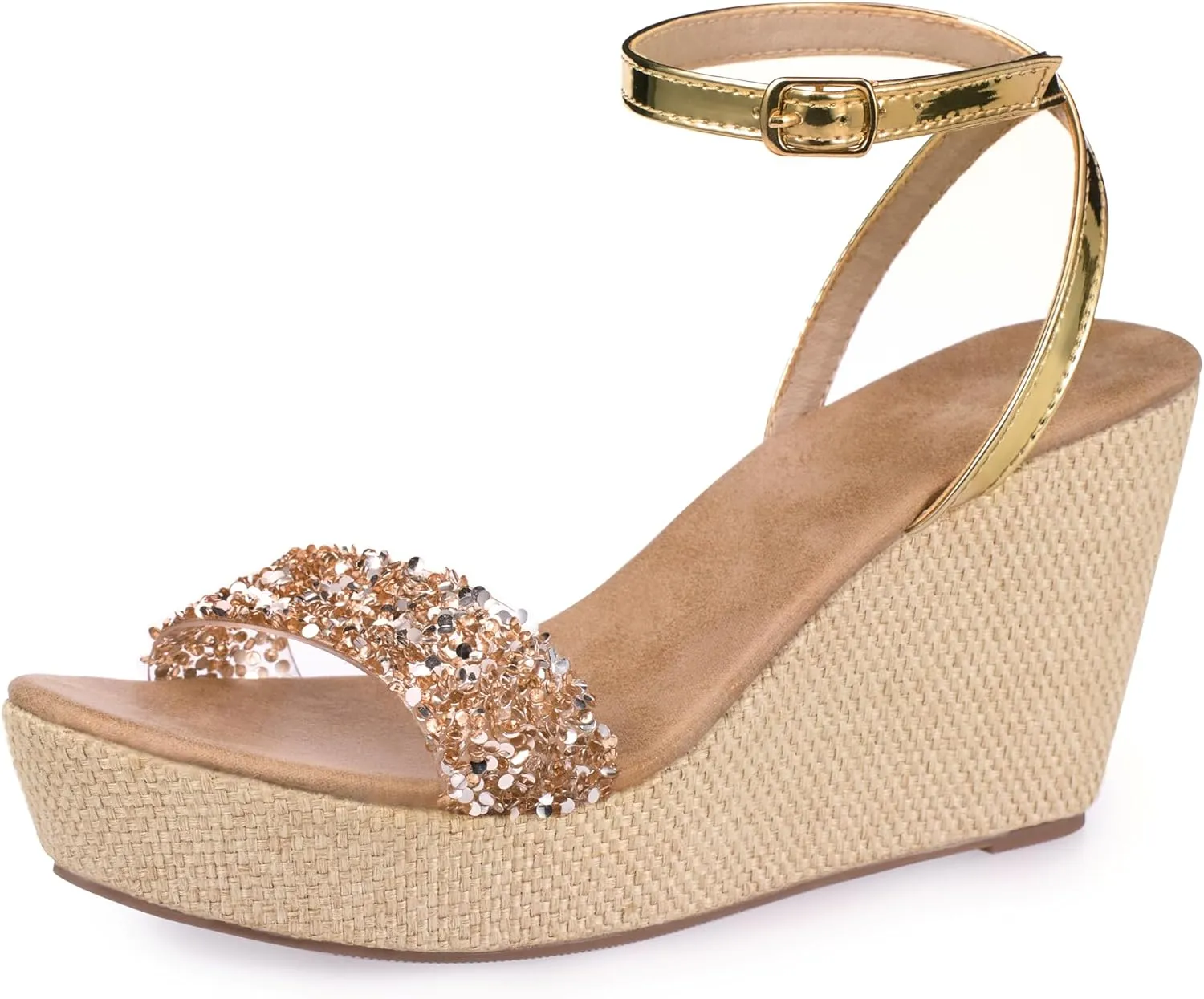 Ankle Strap Espadrille Platform Wedge Sandals for Women, Open Toe Wedge Heels for Women Dressy, Black/Gold