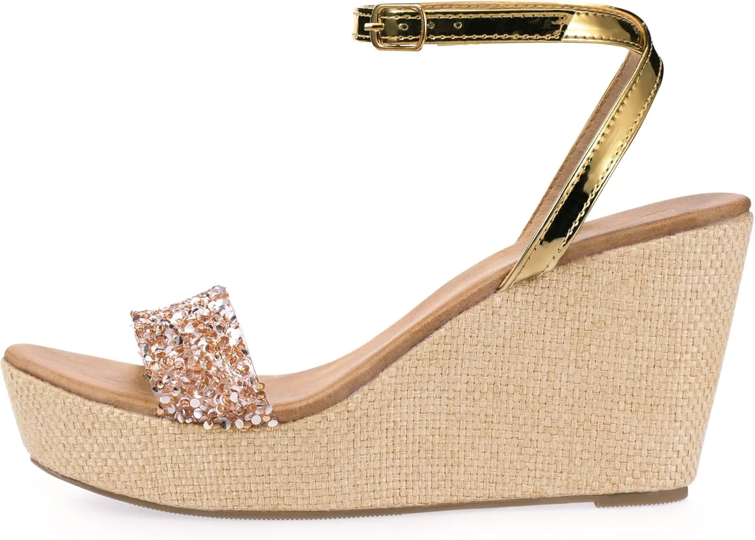 Ankle Strap Espadrille Platform Wedge Sandals for Women, Open Toe Wedge Heels for Women Dressy, Black/Gold