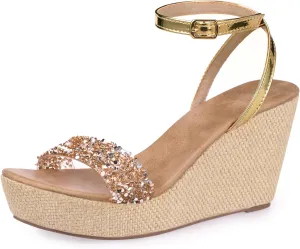 Ankle Strap Espadrille Platform Wedge Sandals for Women, Open Toe Wedge Heels for Women Dressy, Black/Gold