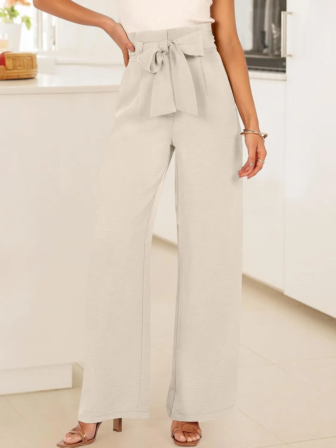 ANRABESS Womens Wide Leg Palazzo Pants Belted High Waisted Business Casual Flowy Long Trousers with Pockets