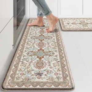 Anti Fatigue Mats for Kitchen Floor Boho Kitchen Rugs Sets of 2 17.3" x 47" 17.3" x 29" Non Slip Waterproof Kitchen Floor Mats Memory Foam Kitchen Rug Vintage Cushioned for Kitchen Sink Laundry Tan