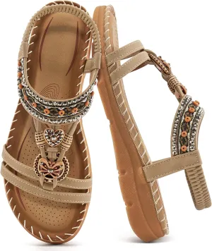 Aomigoct Sandals Women Flat Shoes: Dressy Summer Bohemian Flats Shoes for Women Sandals Comfortable Ankle Strap Outdoor Walking