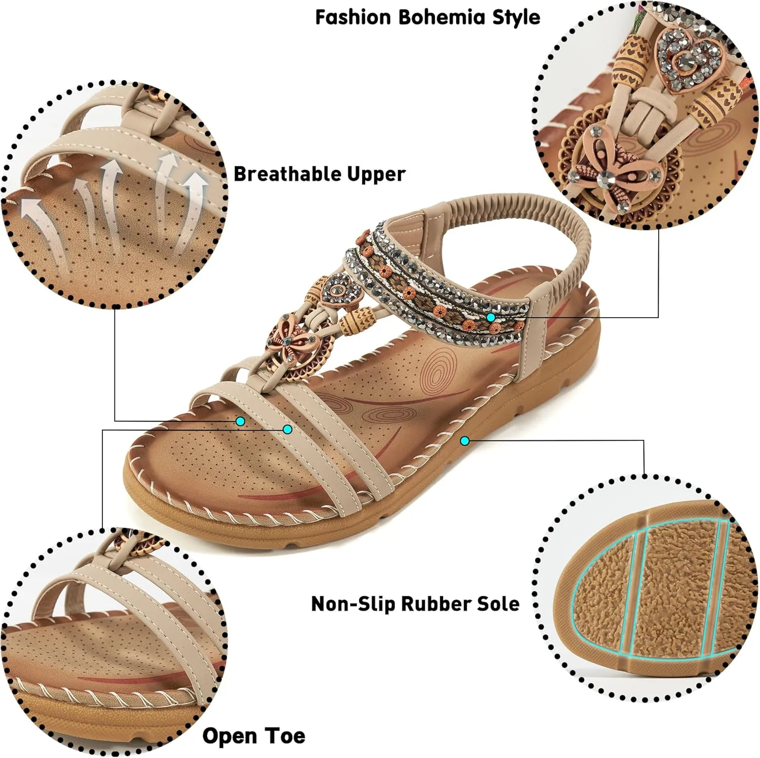 Aomigoct Sandals Women Flat Shoes: Dressy Summer Bohemian Flats Shoes for Women Sandals Comfortable Ankle Strap Outdoor Walking