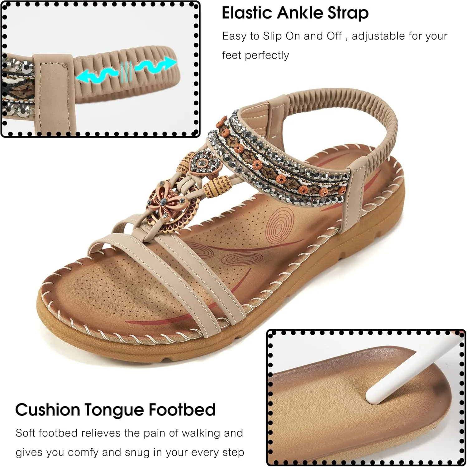 Aomigoct Sandals Women Flat Shoes: Dressy Summer Bohemian Flats Shoes for Women Sandals Comfortable Ankle Strap Outdoor Walking