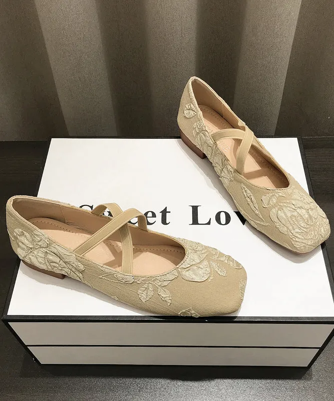 Apricot Embroidered Cross Strap Splicing Flat Shoes For Women