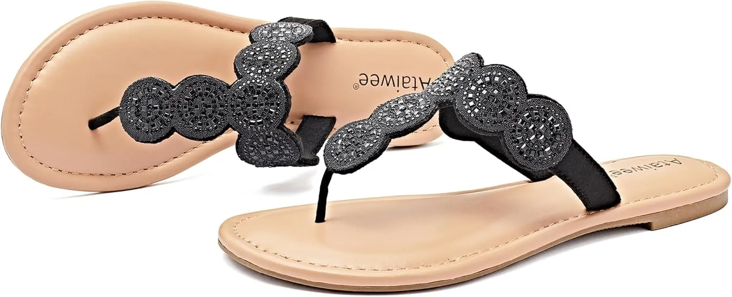 Ataiwee Women's Flat Slide Sandals - Casual Bling Bohemian Thong Slip on Summer Flat Sandals.