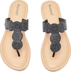 Ataiwee Women's Flat Slide Sandals - Casual Bling Bohemian Thong Slip on Summer Flat Sandals.