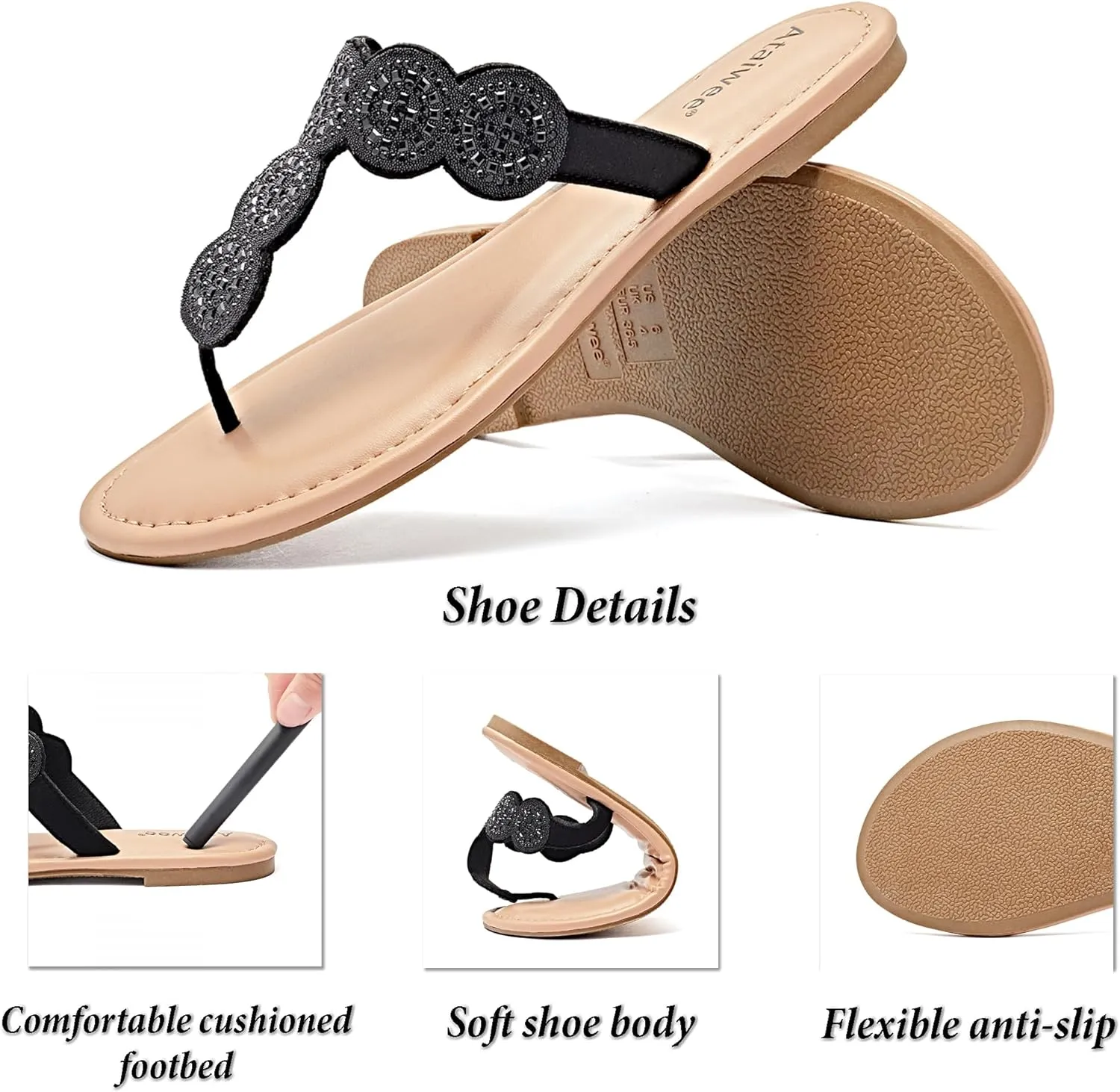 Ataiwee Women's Flat Slide Sandals - Casual Bling Bohemian Thong Slip on Summer Flat Sandals.