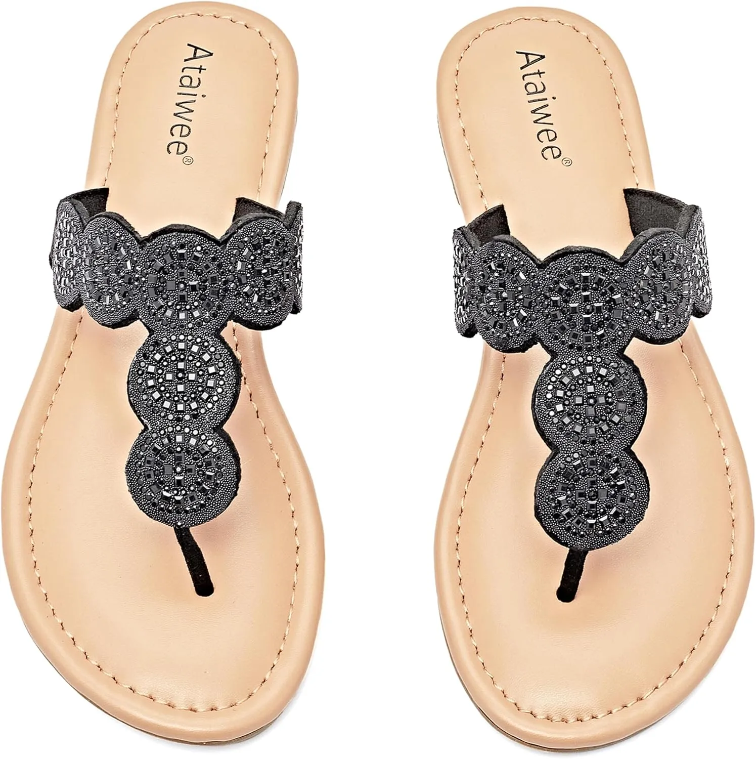 Ataiwee Women's Flat Slide Sandals - Casual Bling Bohemian Thong Slip on Summer Flat Sandals.