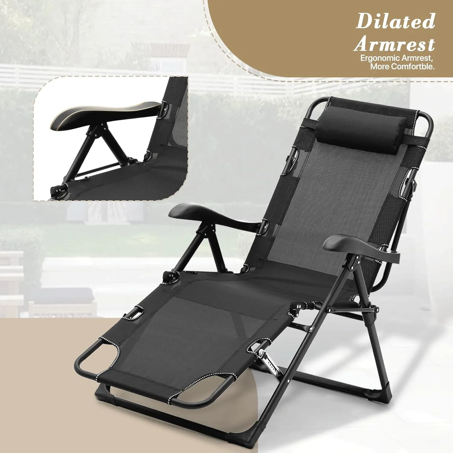 Athena Collection Zero Gravity Outdoor Lounge Chair Recliner, 27" Width Reclining Pool Lounge Lawn Chairs with Headrest and Curved Armrest, Outdoor Chaise for Beach Patio Backyard Outside, Black