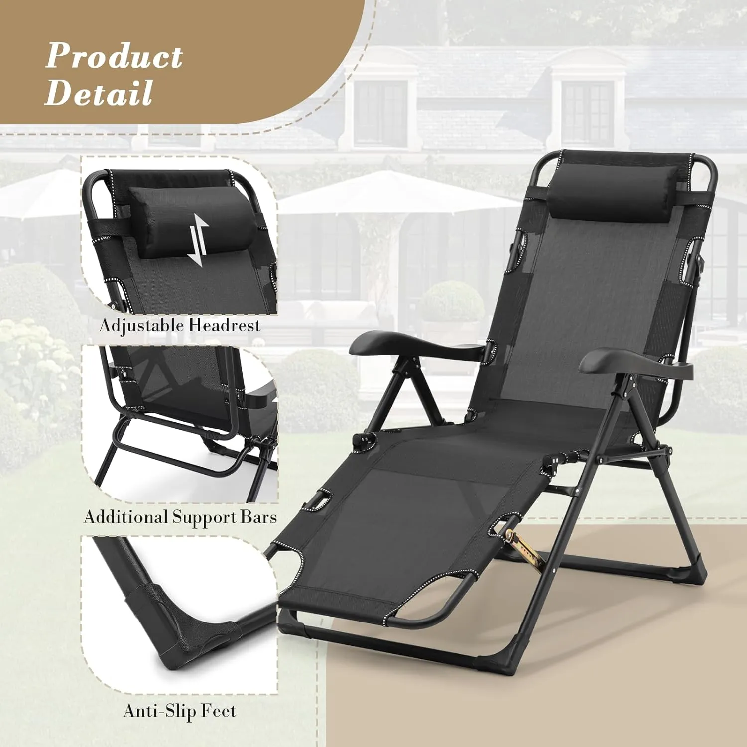 Athena Collection Zero Gravity Outdoor Lounge Chair Recliner, 27" Width Reclining Pool Lounge Lawn Chairs with Headrest and Curved Armrest, Outdoor Chaise for Beach Patio Backyard Outside, Black