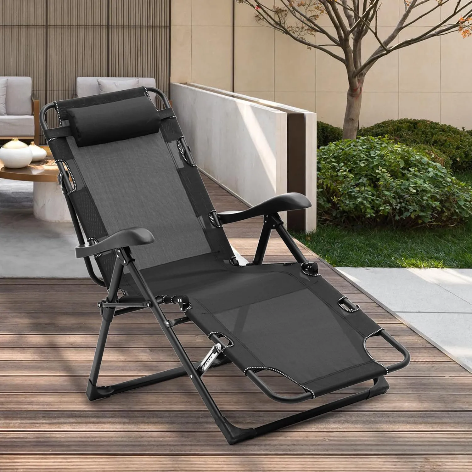 Athena Collection Zero Gravity Outdoor Lounge Chair Recliner, 27" Width Reclining Pool Lounge Lawn Chairs with Headrest and Curved Armrest, Outdoor Chaise for Beach Patio Backyard Outside, Black