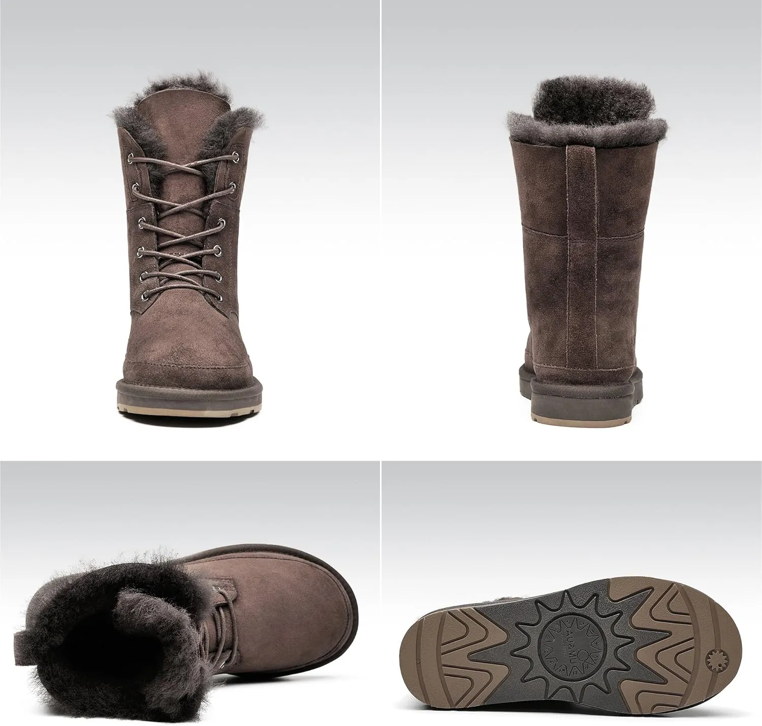 AU&MU Aumu Womens Shearling Leather Sheepskin Classic Lace up Mid Calf Flat Fur Winter Snow Boots…