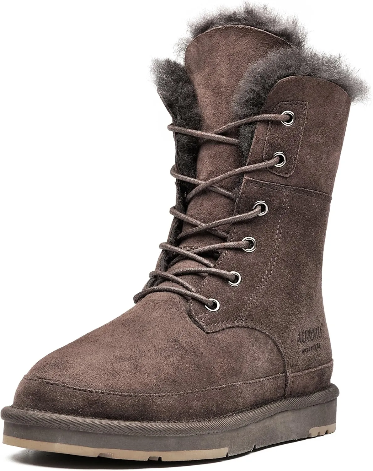 AU&MU Aumu Womens Shearling Leather Sheepskin Classic Lace up Mid Calf Flat Fur Winter Snow Boots…