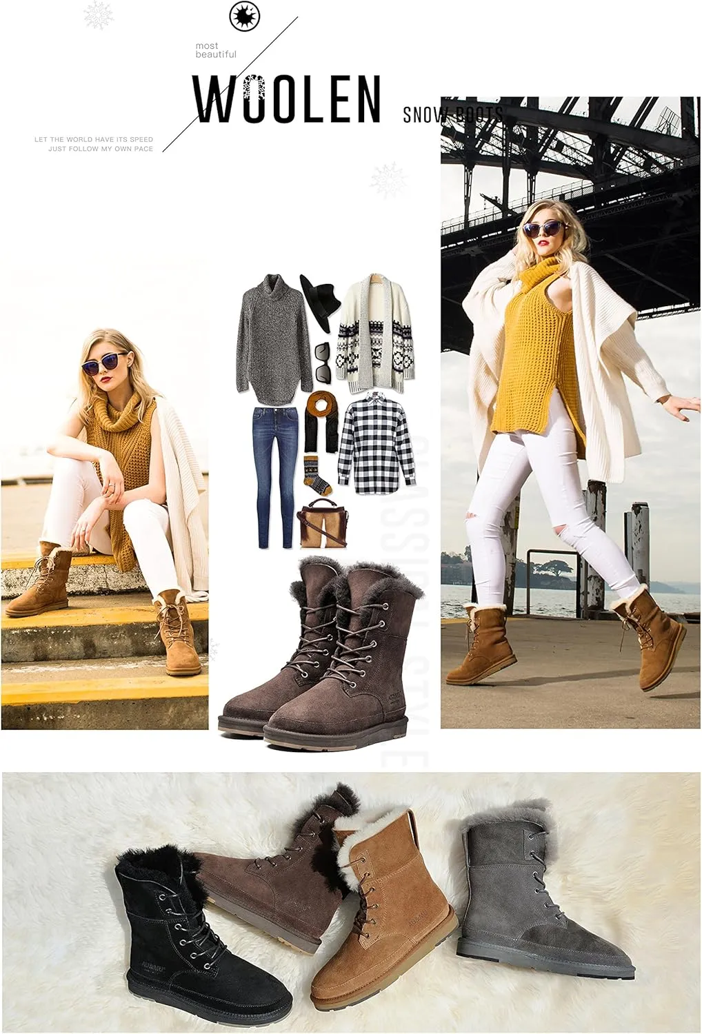 AU&MU Aumu Womens Shearling Leather Sheepskin Classic Lace up Mid Calf Flat Fur Winter Snow Boots…