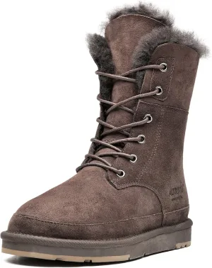 AU&MU Aumu Womens Shearling Leather Sheepskin Classic Lace up Mid Calf Flat Fur Winter Snow Boots…