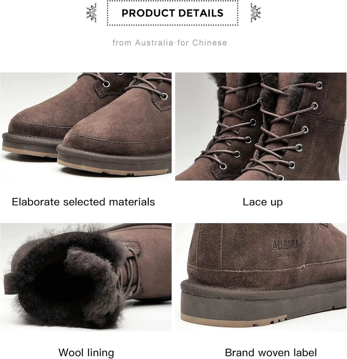 AU&MU Aumu Womens Shearling Leather Sheepskin Classic Lace up Mid Calf Flat Fur Winter Snow Boots…