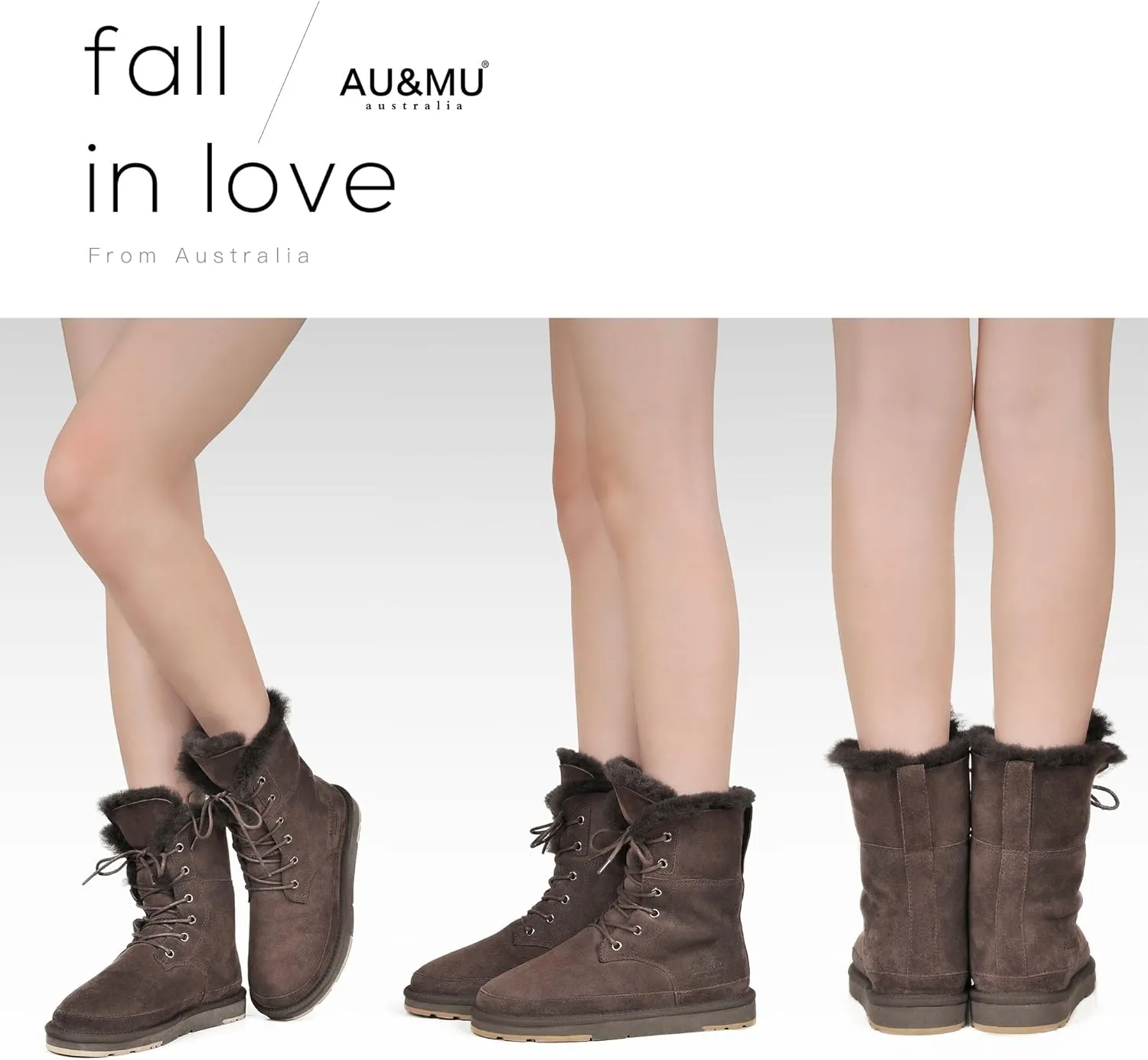 AU&MU Aumu Womens Shearling Leather Sheepskin Classic Lace up Mid Calf Flat Fur Winter Snow Boots…