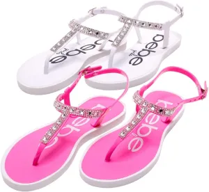bebe Girls' Sandals - 2 Pack Open Toe Summer Flat Dress Thong T-Strap Sandals with Adjustable Ankle Strap and Cushioned Sole