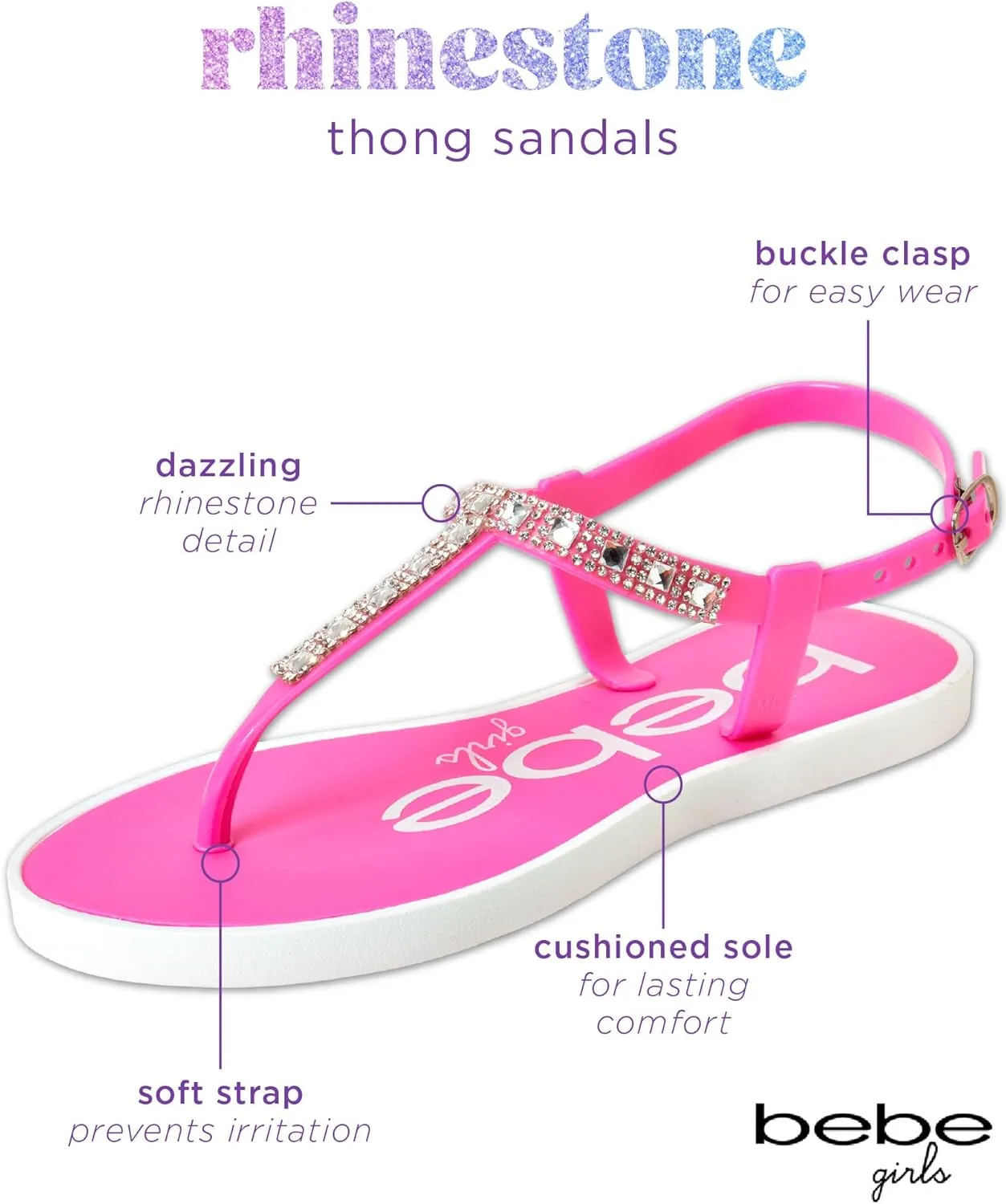 bebe Girls' Sandals - 2 Pack Open Toe Summer Flat Dress Thong T-Strap Sandals with Adjustable Ankle Strap and Cushioned Sole
