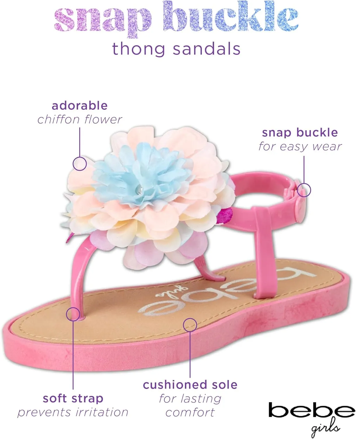 bebe Girls' Sandals - Open Toe Summer Flat Dress Shoes Snap Buckle Sandals with Chiffon Flower Design and Cushioned Sole