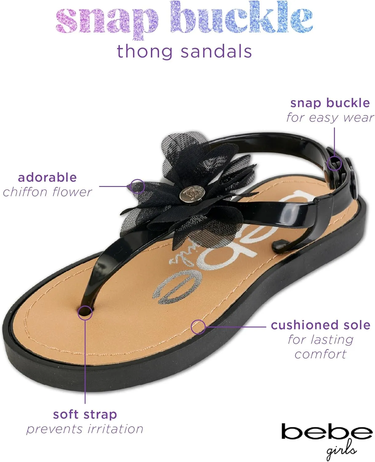 bebe Girls' Sandals - Open Toe Summer Flat Dress Shoes Snap Buckle Sandals with Chiffon Flower Design and Cushioned Sole