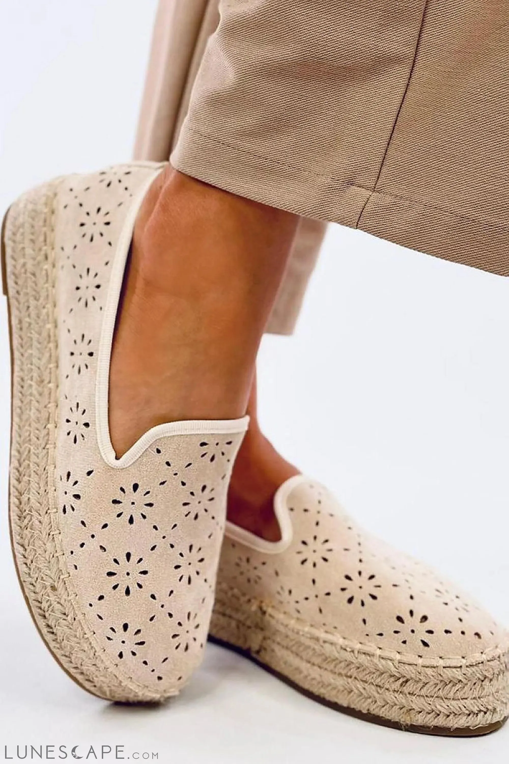 Beige Floral Eyelet Platform Espadrille Flats